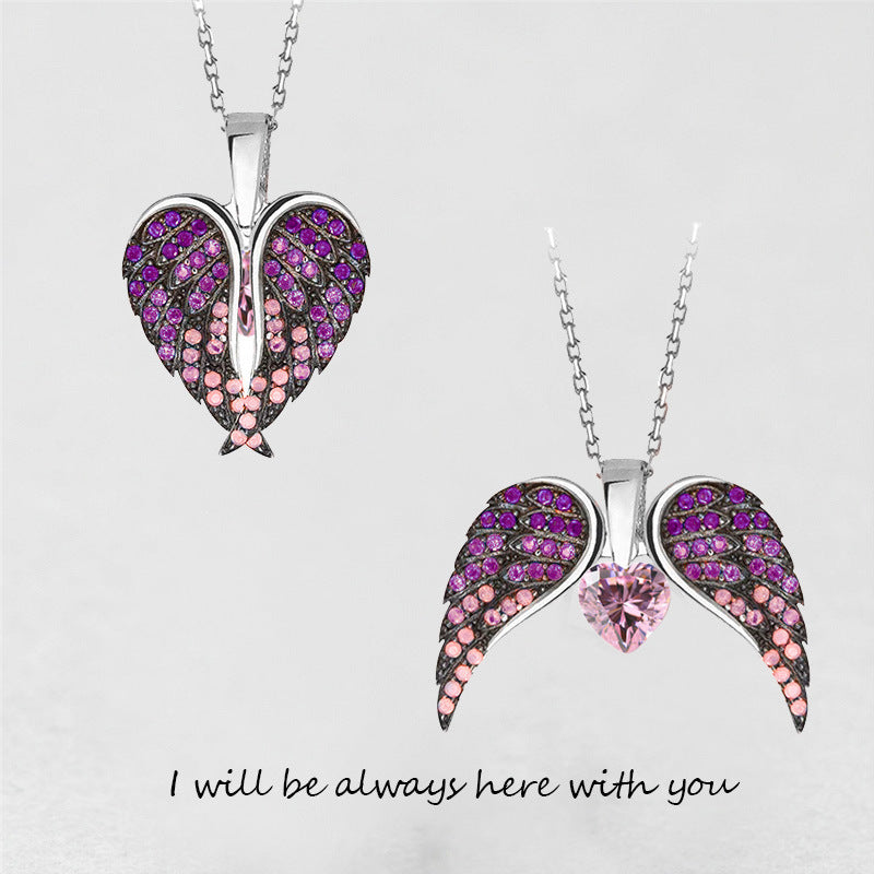 Angel Wings Necklace Ladies Fashion Heart Shaped Zircon Pendant